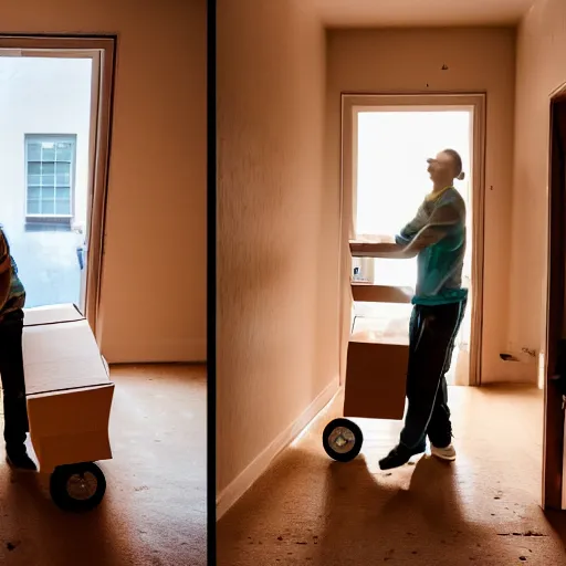 Image similar to cinematic photo of removalists moving furniture into a gingerbread house in the early morning