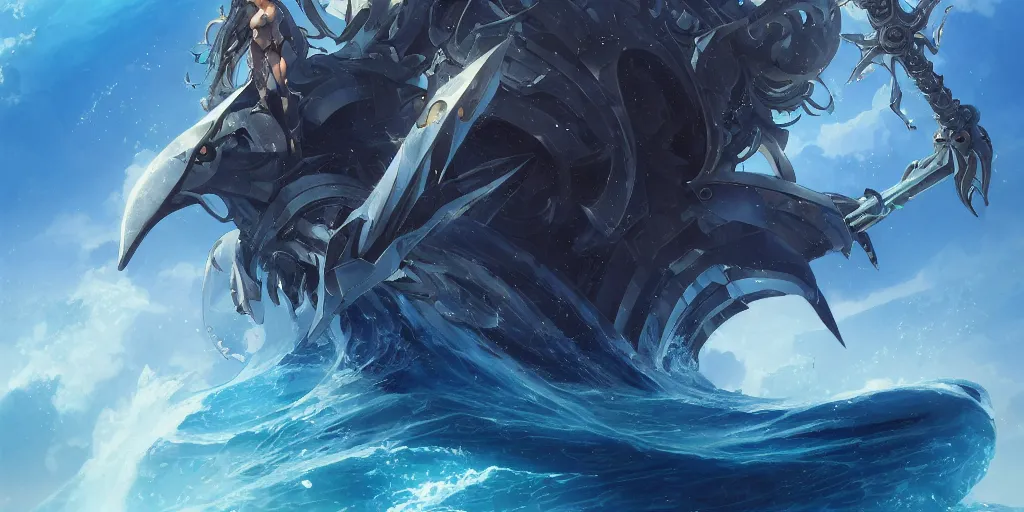 Image similar to close up of a extremely beautiful and aesthetic mech armor witch holding a symmetrical trident, perfect face, symmetrical eyes, back shark fin, horizon, model pose, slightly smiling, blue sky, big wave, big blade whale fighting against big giants minotaurus, epic scene, fantasy illustrations, by peter mohrbacher and makoto shinkai and ferdinand knab