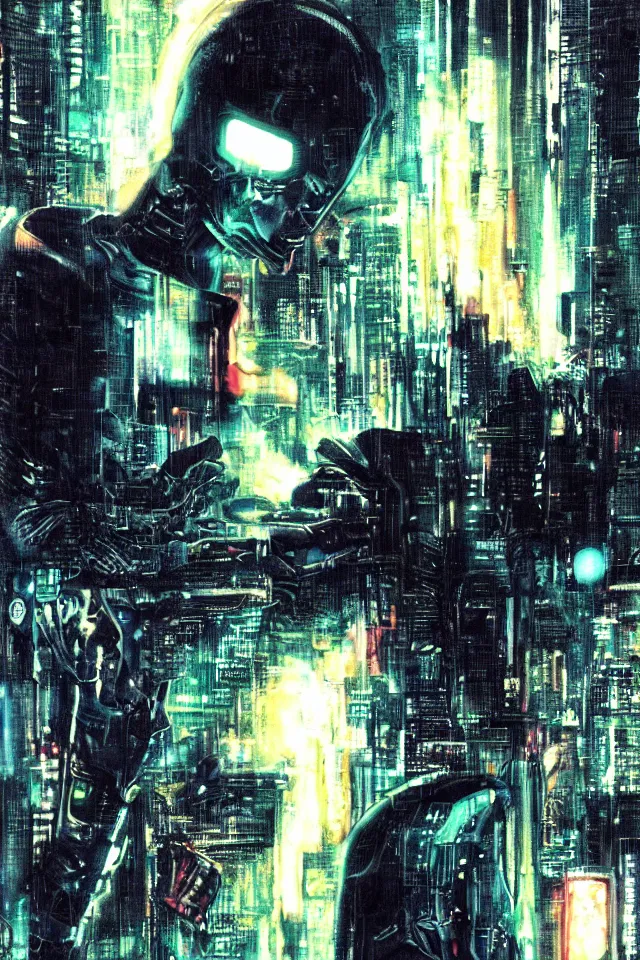 Prompt: artwork by Ridley Scott showing a android dreaming about electric sheep, cyberpunk, Blade Runner