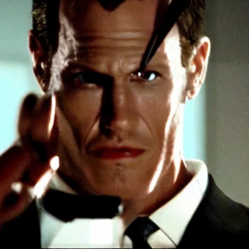 Image similar to Humanoid HIMARS as The American Psycho, cinematic still, sweating hard