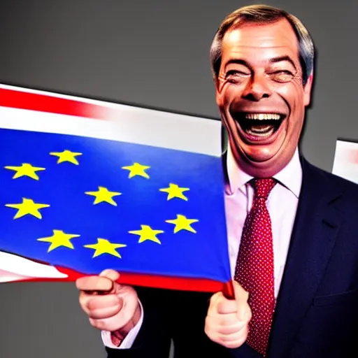 Image similar to nigel farage laughing holding burning eu flag, studio photograph, hd, studio