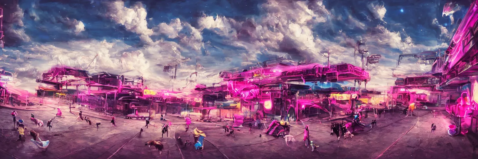 Prompt: oil painting, dog run, pink, ultra detailed, the middle view dog, run, spase dogs and punks running with neon mohawks, space, dark, stars, pirate neon ship with punks on board, neon, rich deep colors masterpiece, contrast, clouds, sky, volumetric light, atmospheric lighting, dramatic, moody, octane render