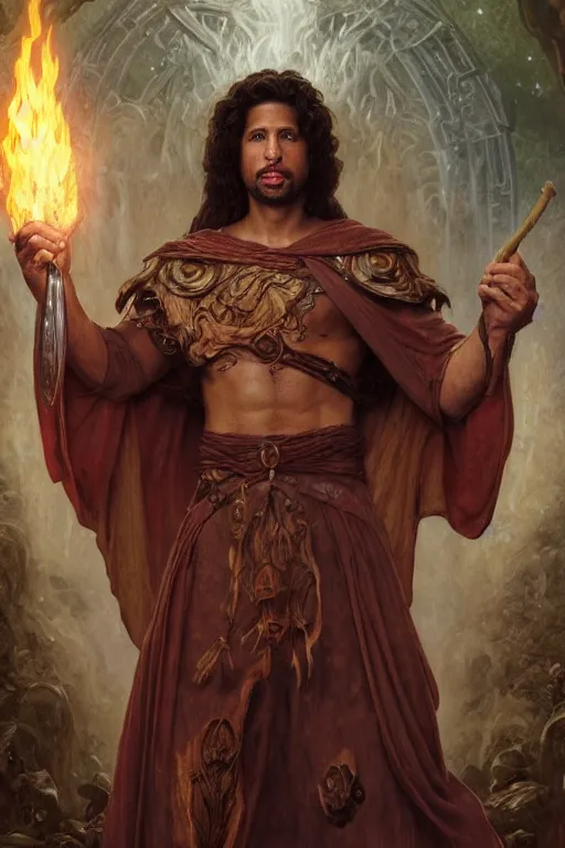 Image similar to Adam Rodriguez, druid, cleric, flame spell, burning hands, bicpes, muscular, D&D, fantasy, intricate, cinematic lighting, highly detailed, beautiful, digital painting, artstation, masterpiece, concept art, smooth, sharp focus, illustration, art by Artgerm and Greg Rutkowski and Alphonse Mucha and william-Adolphe Bouguereau