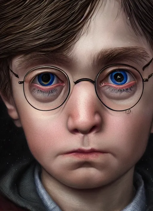 Image similar to highly detailed closeup portrait of harry potter, unreal engine, nicoletta ceccoli, mark ryden, lostfish, earl norem, global illumination, god rays, detailed and intricate environment