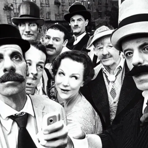 Prompt: Adrian Monk, Sherlock Holmes, Hercule Poirot and Miss Marple take a group selfie