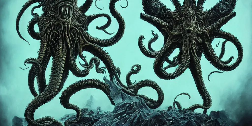 Image similar to lovecraftion god cthulhu, chaos, terror, art by paulc carrick, dave carson, john coulthart, lee brown coye, h. r giger, stephen hickman, sharp focus, smooth, clear, 8 k, hd, lighting, raytracting, dark, lovecraft, arkham, grotesque