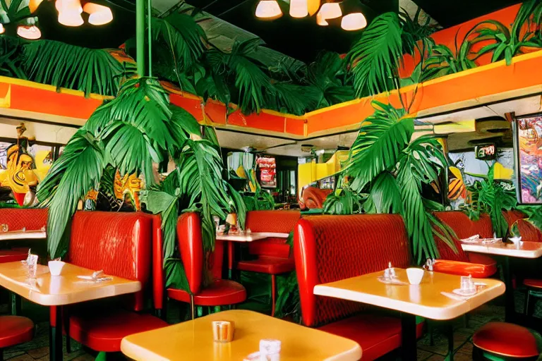 Prompt: 1 9 8 5 tropical jungle themed classic american diner, people sitting at tables, junglecore, one point perspective, americana, restaurant interior photography