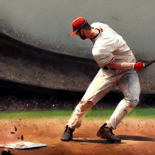 Image similar to baseball player hitting the ball with the baseball bat in the middle of the game and in front of everyone in the stadium, james gurney painting style, greg rutkowski, artstation