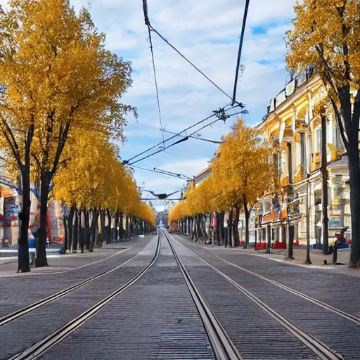 Image similar to Saint-Petersburg main street has trees and tram but without any car