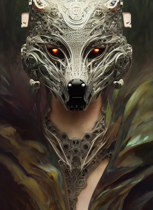 Image similar to organic cyborg, wolf mask opening, diffuse lighting, fantasy, intricate, elegant, highly detailed, lifelike, photorealistic, digital painting, artstation, illustration, concept art, smooth, sharp focus, art by John Collier and Albert Aublet and Krenz Cushart and Artem Demura and Alphonse Mucha