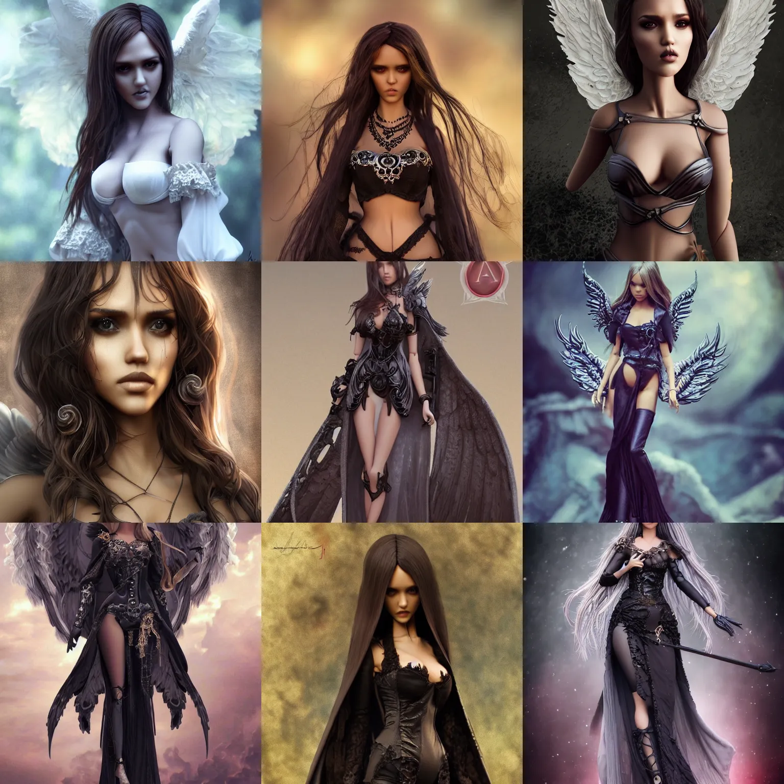 Prompt: jessica alba as a dark angel bjd doll, clothed, angelphilia, ornate floral, artstation, artgerm, mucha, wlop, loish,