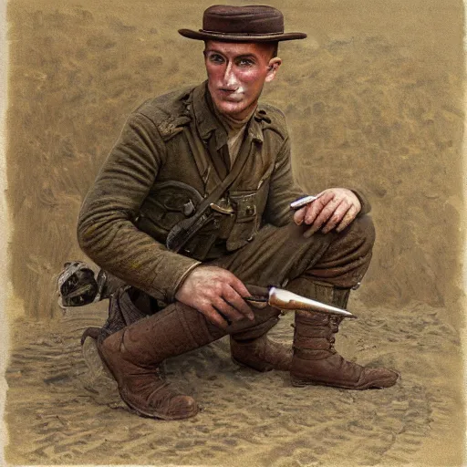 Image similar to a detailed photorealistic sepia - toned color portrait painting of a 1 9 1 7 worried clean - shaven british lieutenant in field gear in north arabia examining an ancient cylindrical clay jar, ultra realistic, intricate details, atmospheric, dark, horror, brooding, highly detailed, by clyde caldwell