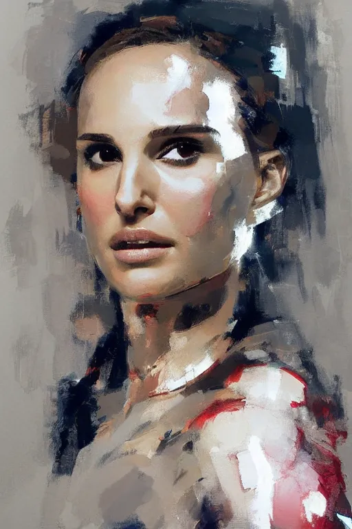 Prompt: elegant portrait of natalie portman as iron man by richard schmid, alla prima, loose gestural painterly, jeremy mann, greg manchess