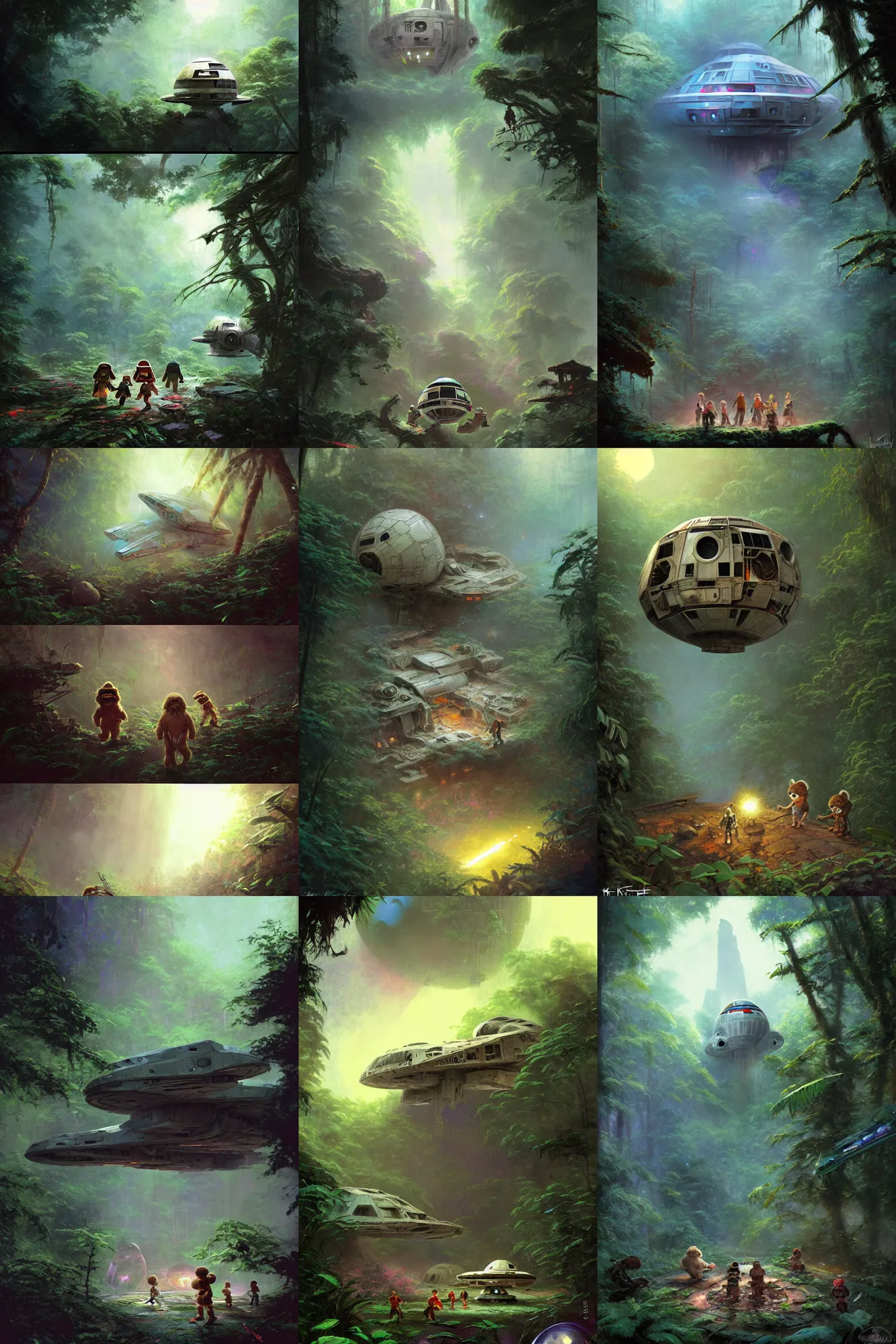 Prompt: abandoned pieces of a destroyed spaceship on the jungle moon endor, a group of very cute ewok children playing in the ruins, light from above, art by thomas kinkade and james jean and craig mullins, trending on artstation, misty and foggy, playful and cheerful