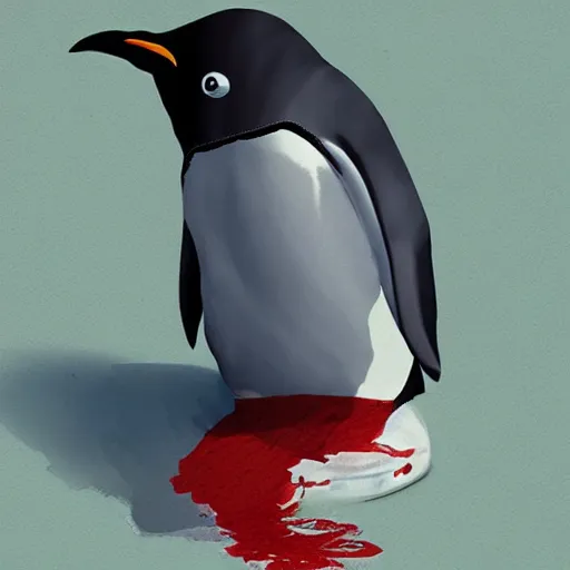 Prompt: oppressive penguin with blood on him, artistic illustration, concept art by aleksandra waliszewska