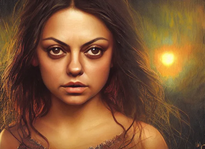 Image similar to big-eyed surprised Mila Kunis staring intensely into the camera, sundown golden hour firefly wisps, Lilia Alvarado, Sophie Anderson, Mark Arian, Bob Byerley, Charlie Bowater, Mark Brooks, Steve Henderson, Justin Gerard, Arthur Hughes, Edward Robert Hughes, Mark Keathley, Victor Nizovtsev, Carlos Shwabe, Ross Tran, WLOP