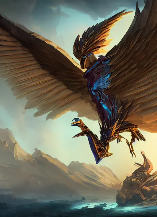 Prompt: winged beast of ancient egypt concept art, digital illustration, trending on artstation, epic composition, scenic background, 8 k uhd, masterpiece, league of legends splash art, highly detailed, perfect lineart