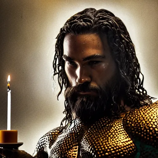 Image similar to intricate five star portrait of aquaman in tears, emotional, blowing the candle at his birthday, oil on canvas, hdr, high detail, photo realistic, hyperrealism, matte finish, medium contrast, 3 d depth, centered, masterpiece, grainy, muted colors, enhanced light effect, enhanced eye detail, artstationhd