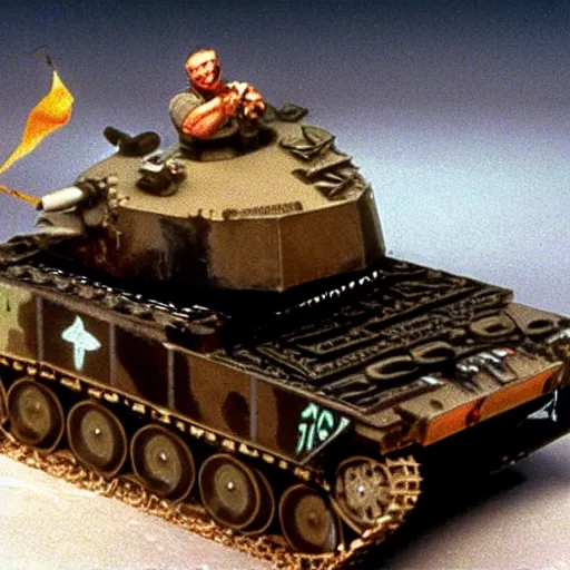 Prompt: a walking nuclear equipped tank, 1 9 8 7, stop - motion, movie still