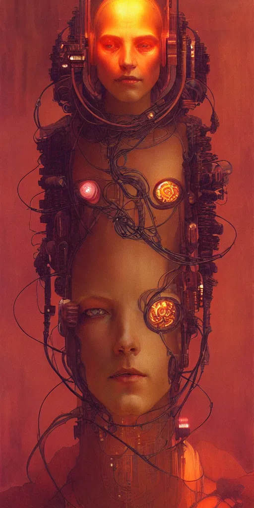 Prompt: ultra detailed, realistic cyberpunk portrait of one character, sci fi, cybernetic, wires, ar nouveau, by alfons maria mucha and zdzisław beksinski, dark mood, high detailed, 4 k, hd, high quality