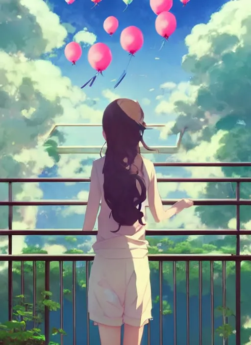 Image similar to girl stand on the a balcony where plants and flowers all around, she is watching a lot of balloons flying over, illustration concept art anime key visual trending pixiv fanbox by wlop and greg rutkowski and makoto shinkai and studio ghibli