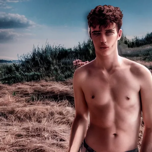 Prompt: false - color image novel pale young shirtless man, with generator, cinematic 8 k