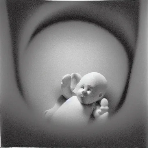 Prompt: colorized echography of a fetus teletubbie watching TV in his mother’s womb