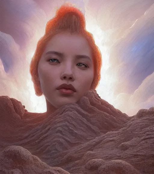 Prompt: close-up Lalisa Manobal bathing on Diamond Head volcano, thermal lava flowing down dark travertine terraces, intricate, elegant, luxurious, digital painting, concept art, smooth, sharp focus, from Star Trek 2021, illustration, by WLOP and Ruan Jia and Mandy Jurgens and William-Adolphe Bouguereau, Artgerm