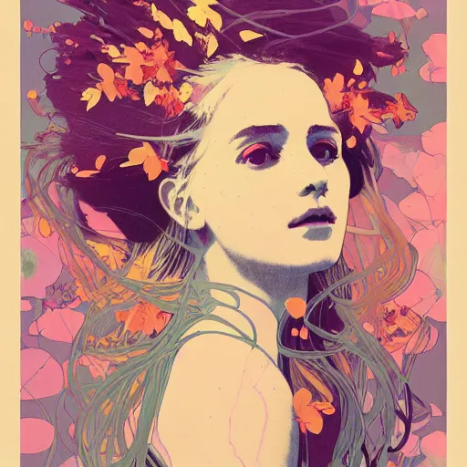 Prompt: a beautiful painting of a girl in a field of flowers by andy warhol and conrad roset and alphonse mucha and nekro and greg rutkowski. colorful comic, film noirs, symmetry, sharp lines, hyper detailed. octane render. trending on artstation