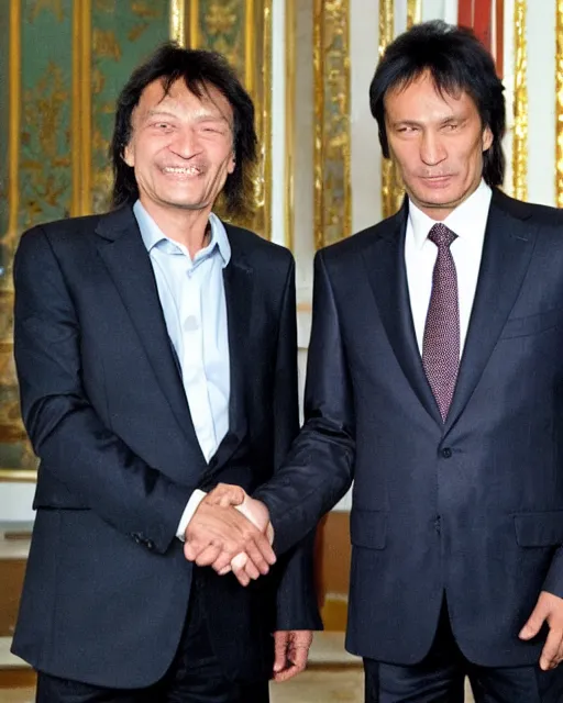 Image similar to sixty years old viktor tsoi with joyful look in a business suit shaking hands with vladimir putin in kremlin, moscow, color photo, mid shot photo, official meeting, digital photo, 4 k