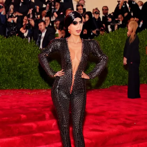 Image similar to incredible daring outfit, met gala, 4 k, ultra realistic, highly detailed, epic lighting