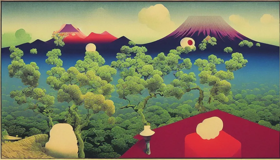 Image similar to Japan rural splendor travel and tourism c2050, surrealist psychedelic collage painting in the style of Magritte, Roger Dean, Yoshio Awazu, muted deep neon color