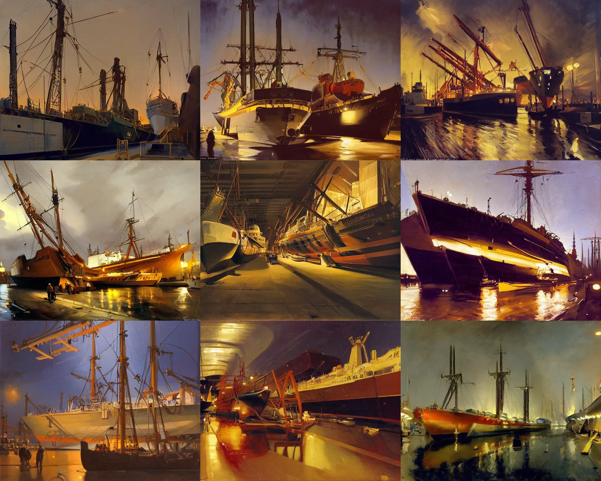 Prompt: painting by sargent and rhads and leyendecker and greg hildebrandt ship maintenance in dry dock at night, hamburg harbor