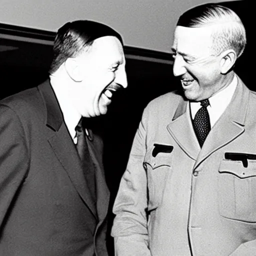 Prompt: “Very photorealistic photo of Hitler and Joe Biden laughing together, award-winning details”