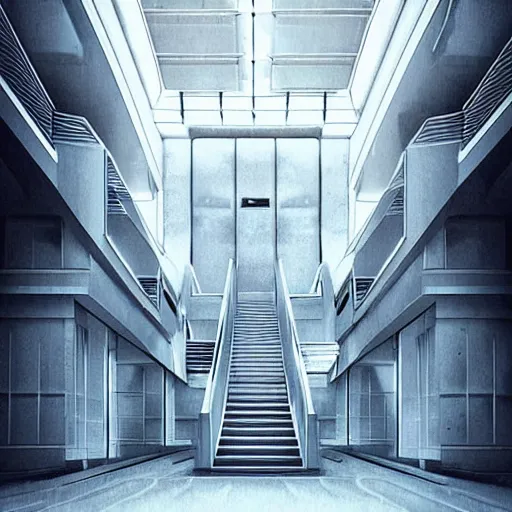 Image similar to “the inside of a huge white building with with many doors and stairs, confusing, clean geometric shapes, creepy, doors, strange dimensions, anime style, detailed background, horror anime”