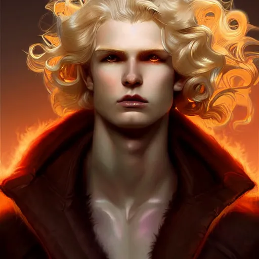 Image similar to digital art of a pale menacing male Cyborg Angel of Battle with fluffy blond curls of hair and piercing eyes, central composition, he commands the fiery power of resonance and wrath, very very long blond curly hair, baroque curls, by WLOP, Artstation, CGsociety