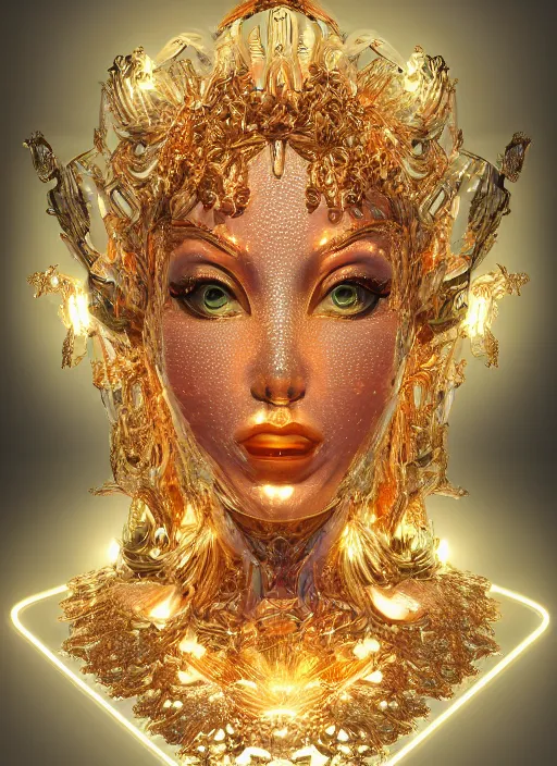 Image similar to beauteous sumptuous goddess, crystal, gold, copper, bronze biomechanical with incredible iridescent pearlescent voluminous fluorescent neon indirect soft glow cinematic lighting, crystalline masterpiece incrustations, hyperdetailed features, movie still, intricate, octane render, cinematic forest lighting, unreal engine, crepuscular rays, god rays