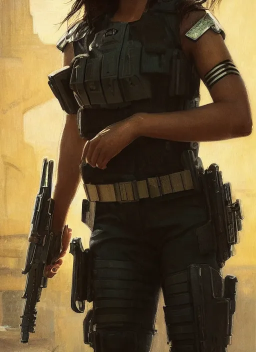 Image similar to 👩🏾🏭. cyberpunk police trooper in a military vest ( blade runner 2 0 4 9, cyberpunk 2 0 7 7 ). orientalist portrait by john william waterhouse and james gurney and theodore ralli and nasreddine dinet, oil on canvas. cinematic, hyper realism, realistic proportions, dramatic lighting, high detail 4 k