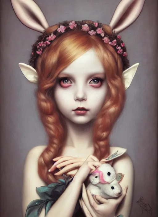 Image similar to pop surrealism, lowbrow art, realistic cute alice girl painting, holding a bunny, hyper realism, muted colours, rococo, natalie shau, loreta lux, tom bagshaw, mark ryden, trevor brown style,