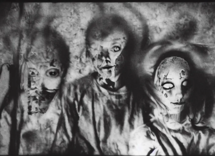 Prompt: polaroid still from an art house film by alejandro jodorowsky, roger ballen and maya deren : : surreal scene in a picturesque setting : : mirrors, masks, costumes : : close - up of the actors'faces : : cinemascope, technicolor, 4 k