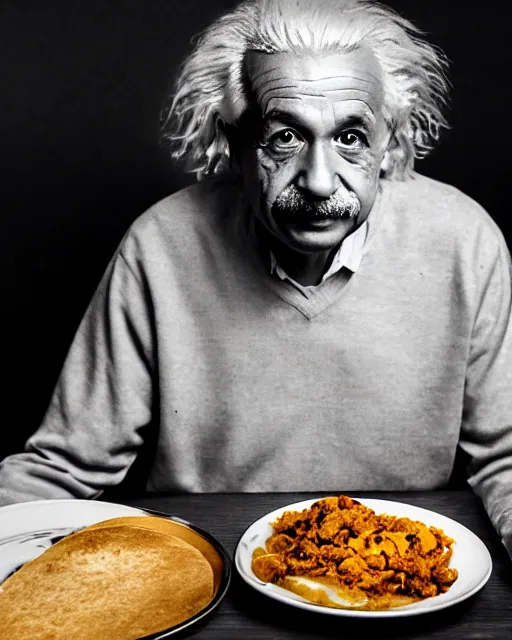 Prompt: a portrait of albert einstein sitting at the dining table with a plate containing chole bhature in front of him, highly detailed, trending on artstation, bokeh, 9 0 mm, f / 1. 4