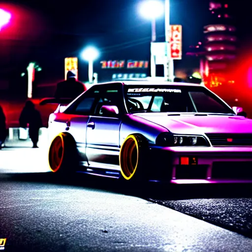 Image similar to a car JZX100 twin turbo drift at illegal car meet, Shibuya prefecture, city midnight mist lights, cinematic lighting, photorealistic, highly detailed wheels, high detail