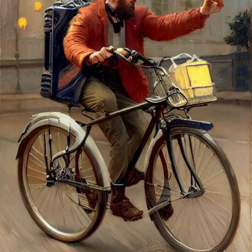 Image similar to uber eats delivery driver on a bicycle, very defined and highly detailed painting by gaston bussiere, j. c. leyendecker, craig mullins 8 k