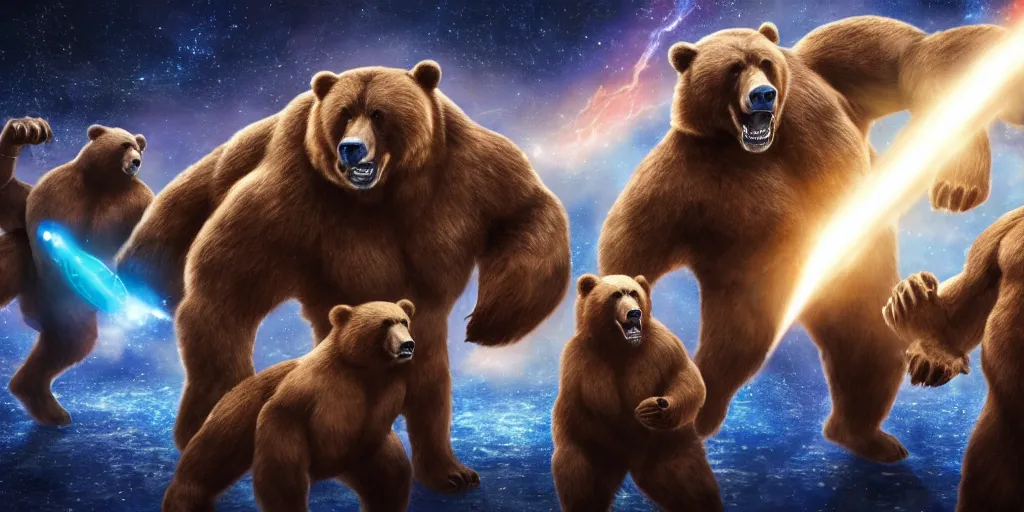 Image similar to photo of muscular bears, playing intergalactic championship versus chitauri. Highly detailed 8k. Award winning.