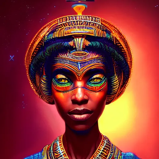 Image similar to highly detailed portrait of an african neon egyptian goddess, intricate alien technology, stephen bliss, unreal engine, fantasy art by greg rutkowski, loish, rhads, ferdinand knab, makoto shinkai and lois van baarle, ilya kuvshinov, rossdraws, tom bagshaw, global illumination, radiant light, detailed and intricate environment