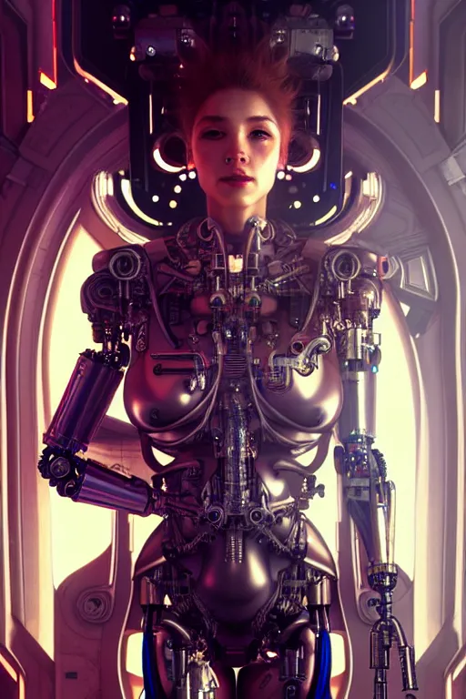 Image similar to ultra realistic, beautiful female cyborg in a crowded smoky cyberpunk club in space megalopolis, sci - fi, intricate details, eerie, highly detailed, octane render, 8 k, art by artgerm and alphonse mucha and greg rutkowski