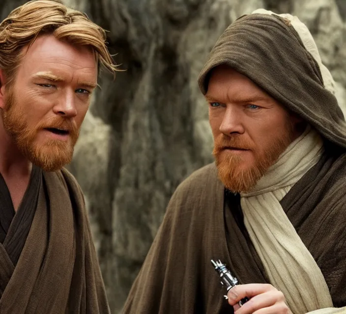 Prompt: still image of obi - wan kenobi making a funny face, ewan mcgregor, live - action, star wars movie, cinematic