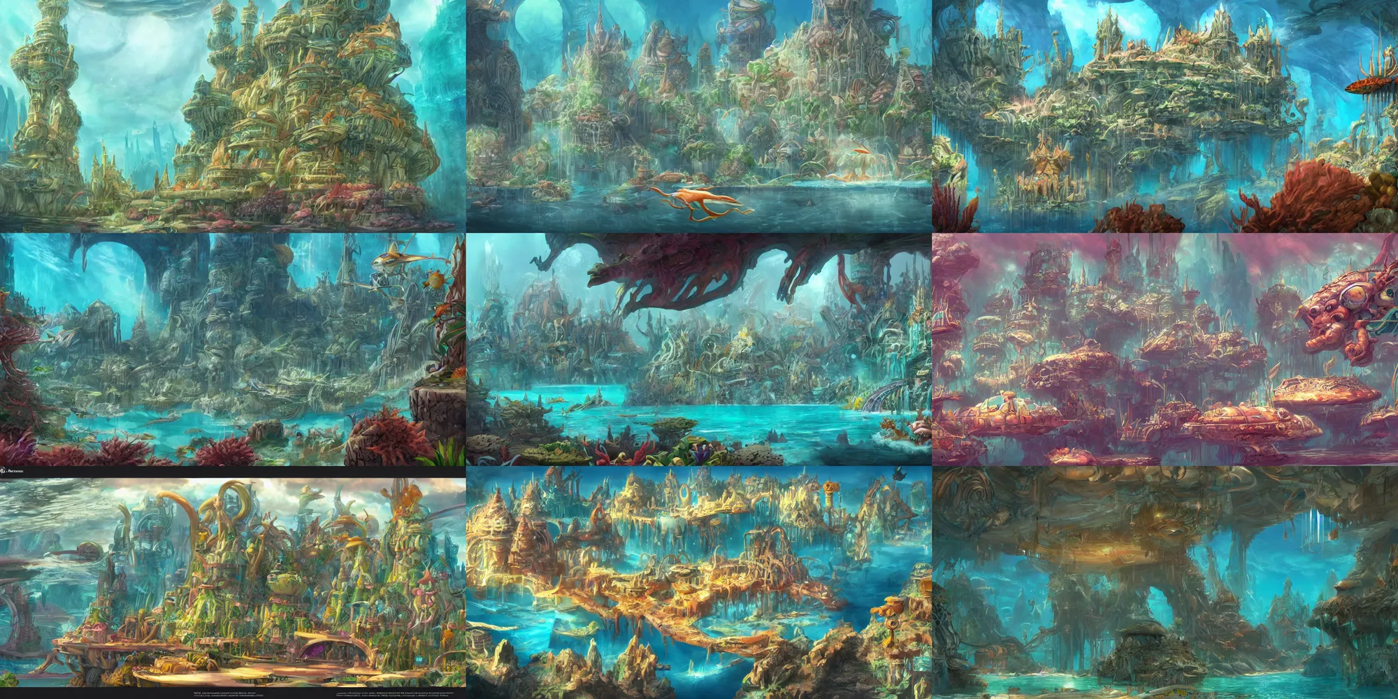 Prompt: concept art by hanna barbera, lost city of atlantis, fantastical underwater city, coral, artstation