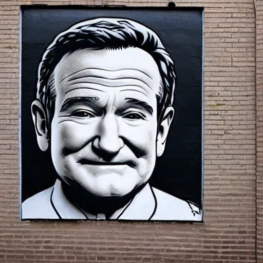 Prompt: robin williams street art mural by kaws : 1 high contrast, hard edges, matte painting, geometric shapes, masterpiece : 1