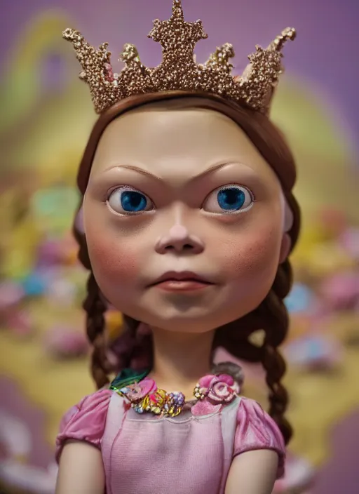Image similar to closeup face profile portrait of tin toy greta thunberg as a fairytale princess wearing a crown eating cakes, bikini, depth of field, zeiss lens, detailed, symmetrical, centered, fashion photoshoot, by nicoletta ceccoli, mark ryden, lostfish, breathtaking, 8 k resolution, extremely detailed, beautiful, establishing shot, artistic, hyperrealistic, octane render